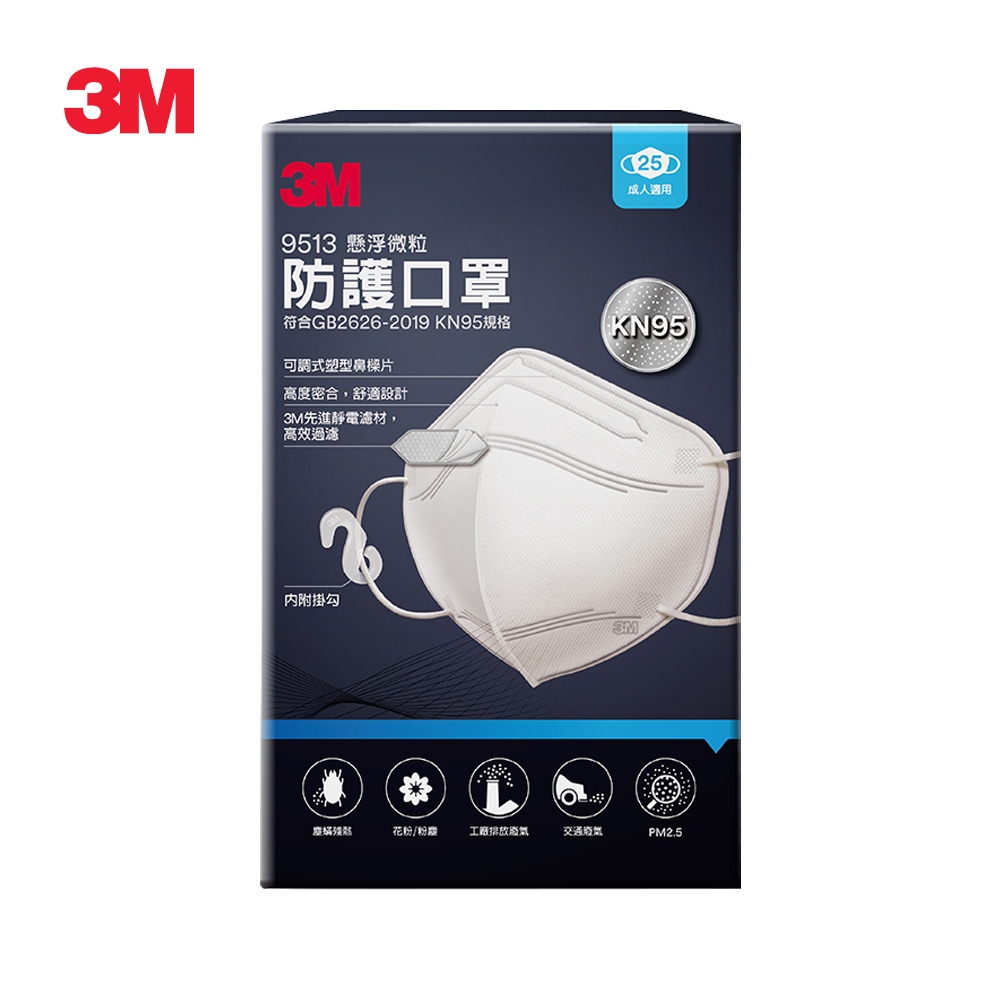 3M 9513 KN95懸浮微粒防護口罩-單包裝25片(白色)
