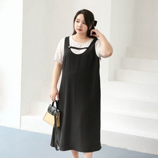 Miss38 氣質感 假兩件小黑裙洋裝【CX5659】(現貨)大尺碼洋裝 短袖連身裙 黑白撞色拼接 顯瘦約會洋裝
