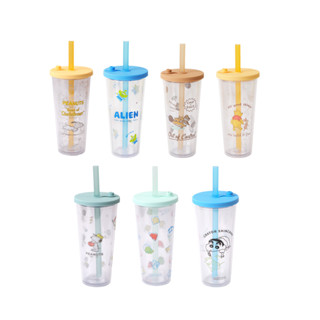 雙層透明吸管杯 Norns 正版授權 蠟筆小新 Peanuts史努比 迪士尼 維尼 三眼怪 奇奇蒂蒂 飲料杯 珍珠奶茶