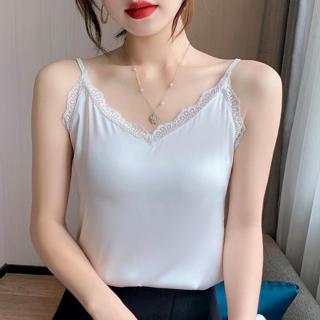 衣時尚 上衣 無袖 吊帶衫 背心 配大衣 S-XL新款蕾絲吊帶背心女夏西裝內搭真絲緞面打底黑色性感上衣T505-541.