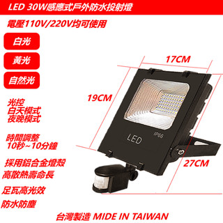 現貨【LED感應燈】30W紅外線戶外投射燈 高亮足瓦 照明燈 車庫燈 廣告招牌燈另有10W/20W/50W/100W