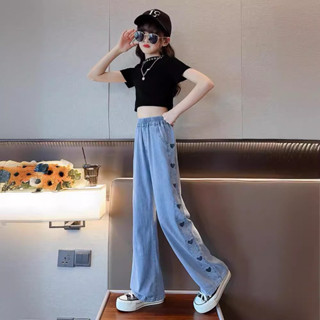 女童褲子夏季薄款時髦洋氣中大兒童天絲牛仔闊腿褲女孩直筒褲外穿