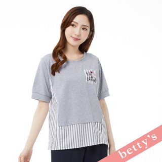 betty’s貝蒂思(31)直條紋拼接繡字口袋短袖上衣(灰色)