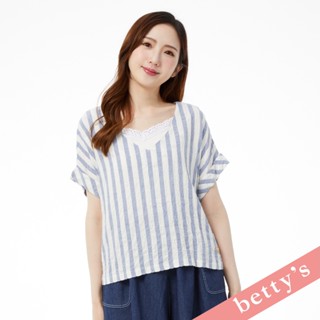 betty’s貝蒂思(31)麻布皺皺面料條紋V領上衣(藍色)