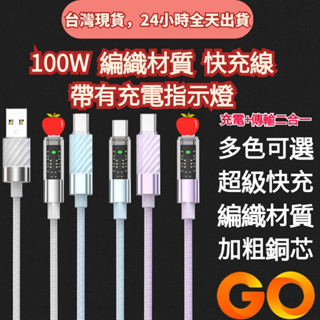臺灣現貨100W PD 快充線 帶充電指示燈 USB 充電線 Typec 傳輸線 編織線 透明 智慧充電線 數據線