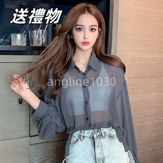 女生上衣 透膚防曬襯衫 收腰抽繩襯衫 性感透視防曬衣 女裝新款系帶短款防曬衫 寬鬆外穿夏季薄款襯衫上衣
