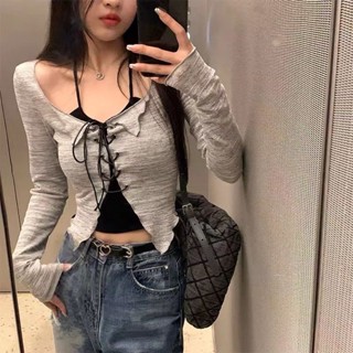 韓版修身女生套裝 吊帶背心+防曬罩衫 外搭 開衫外套 掛脖吊帶 綁帶上衣 吊帶罩衫 顯瘦上衣 長袖上衣 夏天薄長袖罩衫