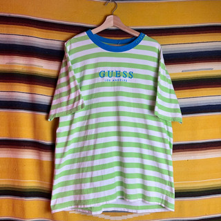 古著•Nuzi_s•Guess綠白拼色條紋刺繡logo短tee T4062808街頭嘻哈美式短T T-SHIRT短袖T恤