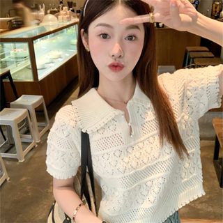 愛依依 針織衫 短袖鏤空T恤 小衫 短版上衣 夏季小個子可愛甜美娃娃領針織T恤TBF07-5904.