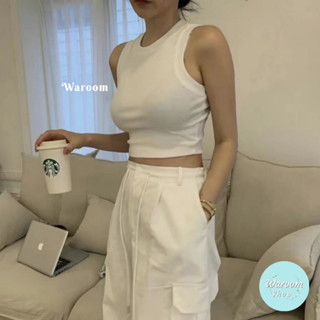Waroom|高雄現貨秒出 超彈性顯身材短款工裝背心|女裝|無胸墊|無袖背心|辣妹|螺紋上衣|短版上衣|露臍 983