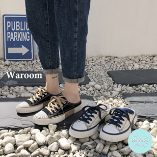 Waroom|現貨實拍 韓國一腳蹬綁帶半拖帆布鞋|女裝|餅乾鞋|懶人鞋|學生|帆布鞋|餅乾鞋|穆勒鞋|休閒鞋 T11