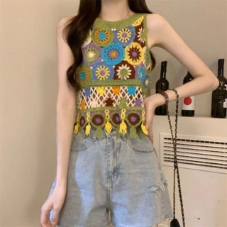 🌻二手極新複古夏季設計新款民族拚接流蘇寬鬆甜美針織鏤空背心短款弔帶上衣小可愛/背心/弔帶/bx
