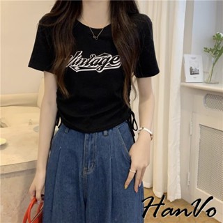 【HanVo】美式復古兩側抽繩針織衣 甜辣設計感短版上衣 韓系女裝 女生衣著 A01-0203