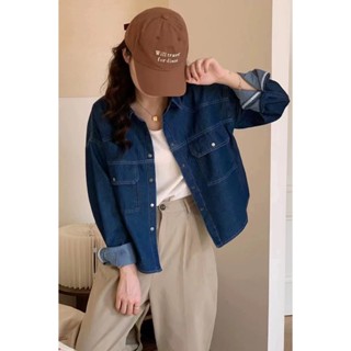 CHILL現貨 牛仔襯衫 中款牛仔外套 排扣牛仔襯衫女 韓版修身長袖襯衫 秋冬新款韓版修身長袖牛仔襯衣 女外套 預購