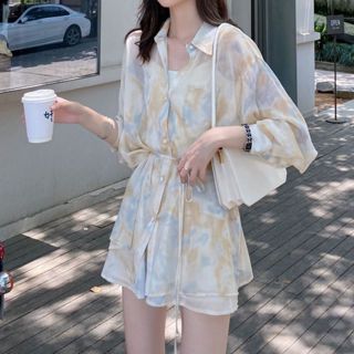 【YoRi】清新甜美薄款襯衫套裝 防曬衣 新款韓版時尚氣質襯衫 雪紡上衣 女生短褲套裝 闊腿短褲 修身顯瘦 夏季女裝