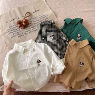 臺灣出貨 秋冬新款 兒童純棉長袖襯衫 男女童韓版小熊刺繡翻領襯衫 男女童格子襯衫 兒童素色襯衫