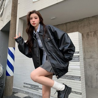 美式復古寬鬆皮外套女 防風 寬鬆 棒球外套 棒球服 oversize 機車外套 夾克外套 春秋 美式外套 休閒 皮衣外套