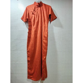 復古風/磚紅色印花/旗袍/禮服/洋裝/Size:XL/（近全新）適合秀場主持人/宴會/婚宴生日party Cosplay