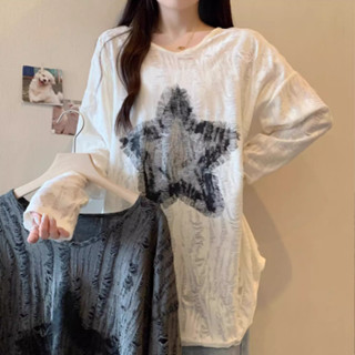 胖胖美依 上衣 大學T 長袖上衣M-2XL破洞布印花星星V領長袖T恤早秋中長上衣TCF02-K9260.