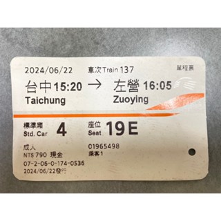 【高鐵票根】2024年 高鐵車票 臺灣高鐵 高鐵票 收藏 紀念 紀念票根 票根 2024 臺中 左營