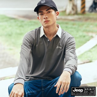 JEEP 男裝 跳色領LOGO刺繡長袖POLO衫-灰色