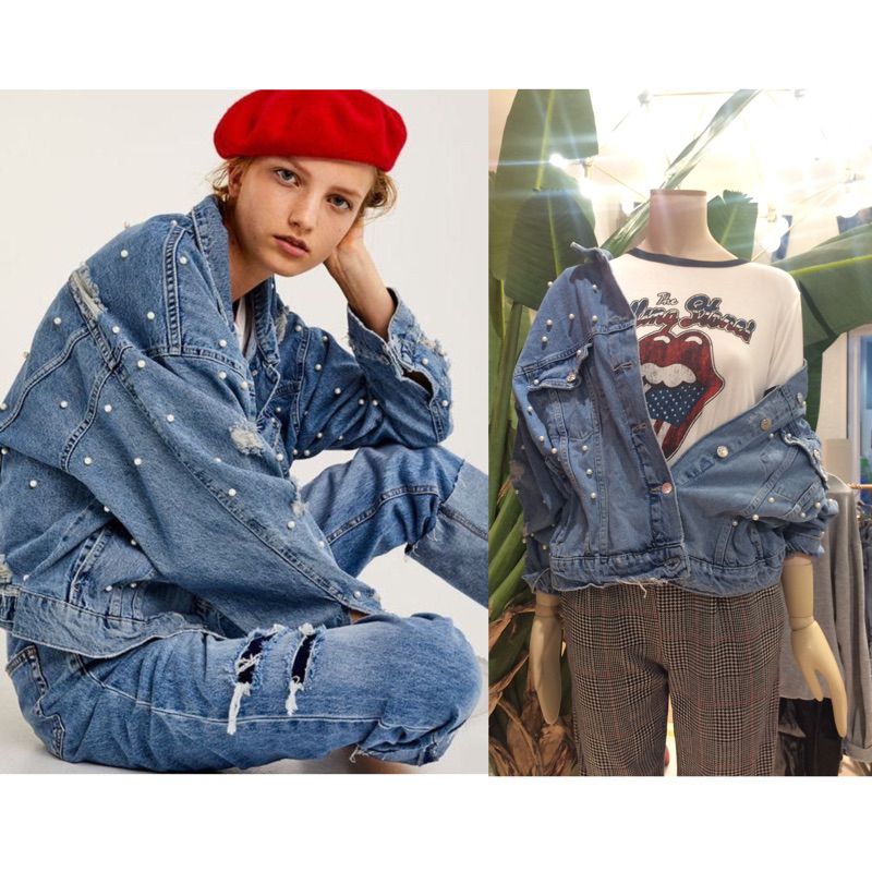 PULL&BEAR珍珠鑲飾洗舊刷破牛仔外套