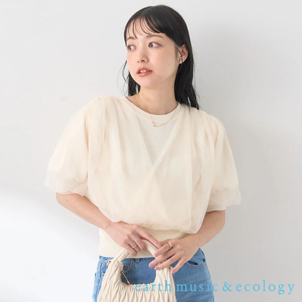 earth music&ecology 層次薄紗拼接圓領短袖針織衫(1M43L2C1000)