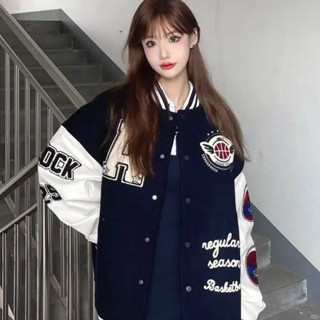 【西西比】飛行夾克 美式復古棒球服 設計款上衣 學院風 女裝上衣 開衫 休閒外套 秋冬季學生外套 潮牌情侶寬松外套