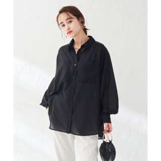 日本品牌黑色雪紡紗小翻領前短後長寬鬆長袖上衣襯衫