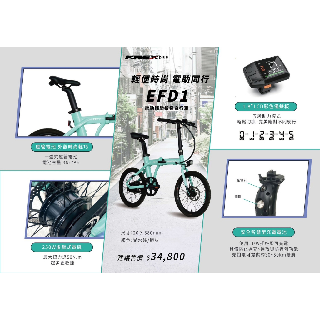 送貨架 KREXplus E-bike EFD1 電動輔助折疊自行車 折疊車 湖水綠 消光黑 電動輔助折疊腳踏車