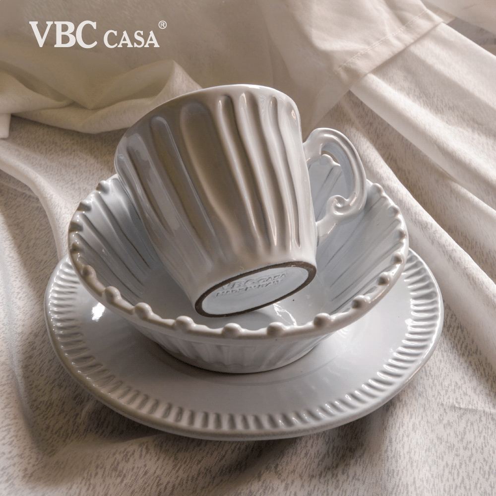 義大利VBC casa-白色條紋系列-早餐杯盤3件組