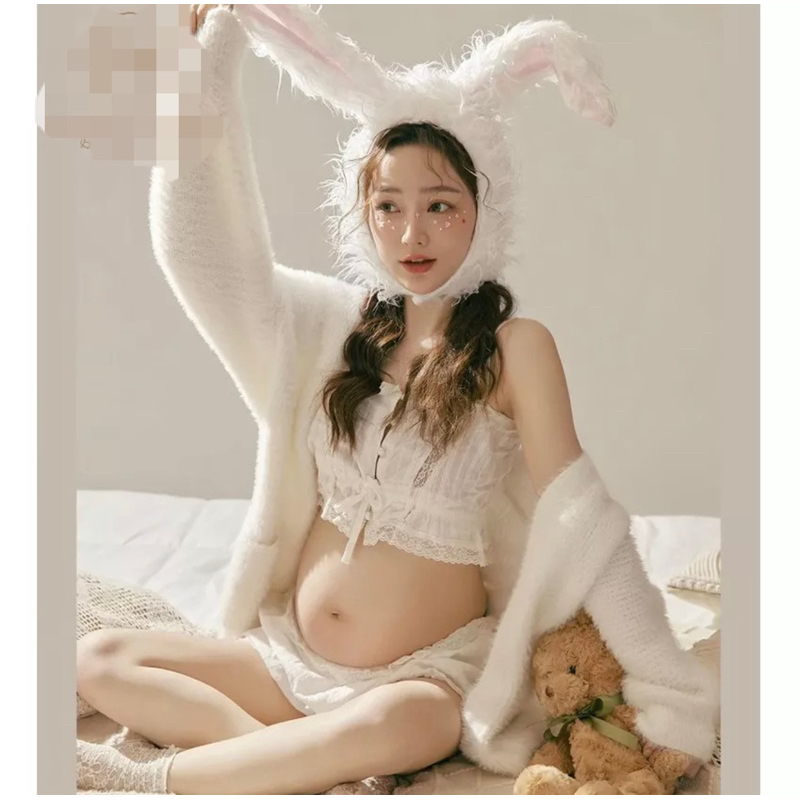 （二手）兔子孕婦寫真/孕媽咪寫真/孕婦照/2頂白色兔子耳朵頭帽
