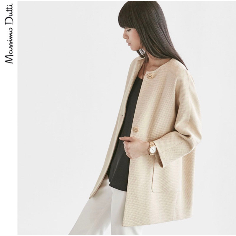 Massimo Dutti 米色織紋圓領外套