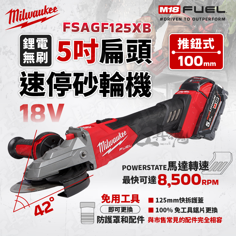 新款 M18 FSAGF125XB 美沃奇 5吋 扁頭 速停砂輪機 鴨嘴獸 18V 5"  推鈕式 砂輪機 米沃奇