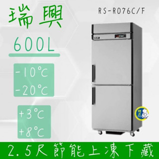 【高雄、屏東、臺南市區免運】瑞興 600L 2.5尺 雙門 上凍下藏 節能冰箱省電30% RS-R076C/F