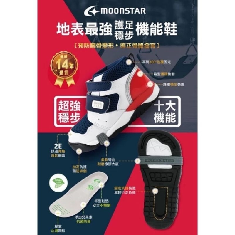 日本月星Moonstar 矯健系列-高筒預防機能矯健童鞋-寬楦二手紅黑17碼