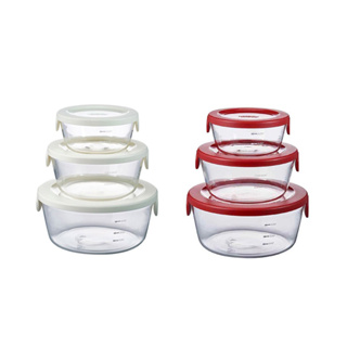 小金｜HARIO 圓形 玻璃保鮮盒 3件組 MST-3018-OW 白 SYTN-2518-R 紅 調理碗