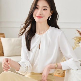 衣時尚 長袖上衣 長袖襯衣 雪紡襯衣S-XL新款法式別緻獨特白色襯衫高級感時髦洋氣醋酸緞面襯衣H310-740.