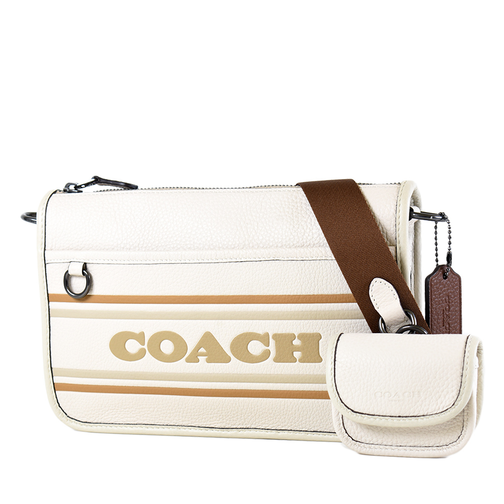 COACH 男款 立體LOGO荔枝紋拉鍊斜背包/附零錢包-米色【美國正品 現貨】