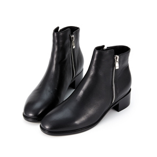 HERLS短靴 牛皮雙拉鍊造型橢圓頭粗跟短靴 黑色