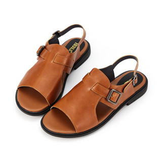 HERLS涼鞋 個性牛皮寬版橫帶釦環平底涼鞋 棕色