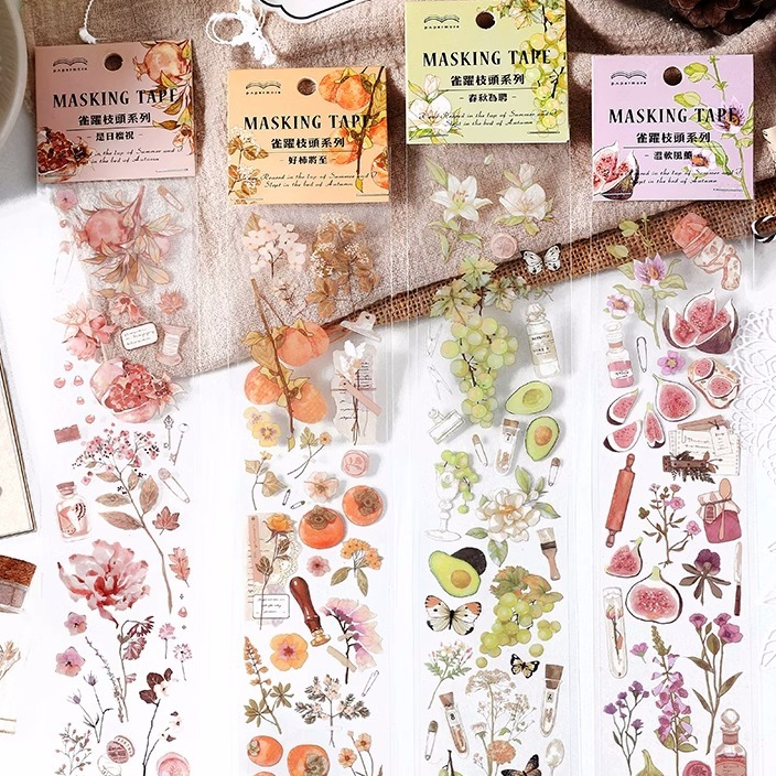🌸五日工坊🌸 《雀躍枝頭系列》 清新植物 花朵花卉 水果葉子貼紙(整條6*3.5公分) 手帳貼紙包 拼貼DIY裝飾 綠葡