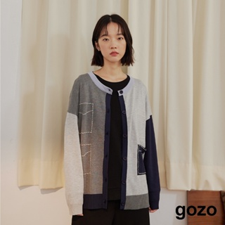 【gozo】拼色壓線造型毛衣外套(淺黃/深藍_F) | 環保材質 圓領 休閒