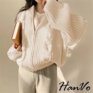 【HanVo】復古慵懶風麻花圓領外套 粗針織加厚保暖拉鍊外套 韓系女裝 女生衣著 A07-4989