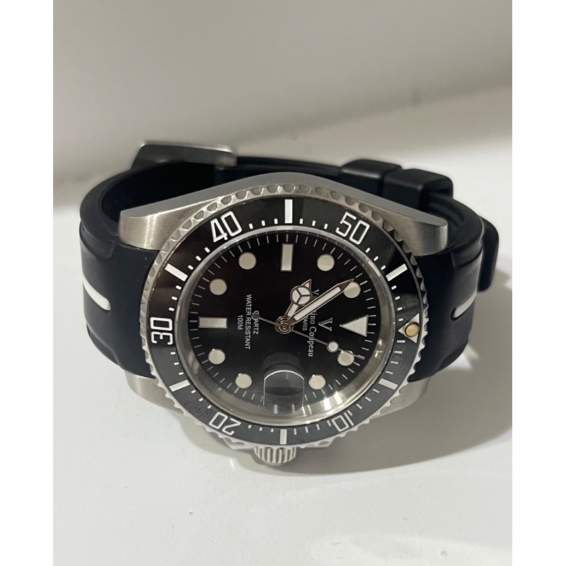 【范倫鐵諾 Valentino Coupeau】61589ASG-1 百米防水精密陶瓷黑水鬼潛水矽膠帶腕錶（二手）正品