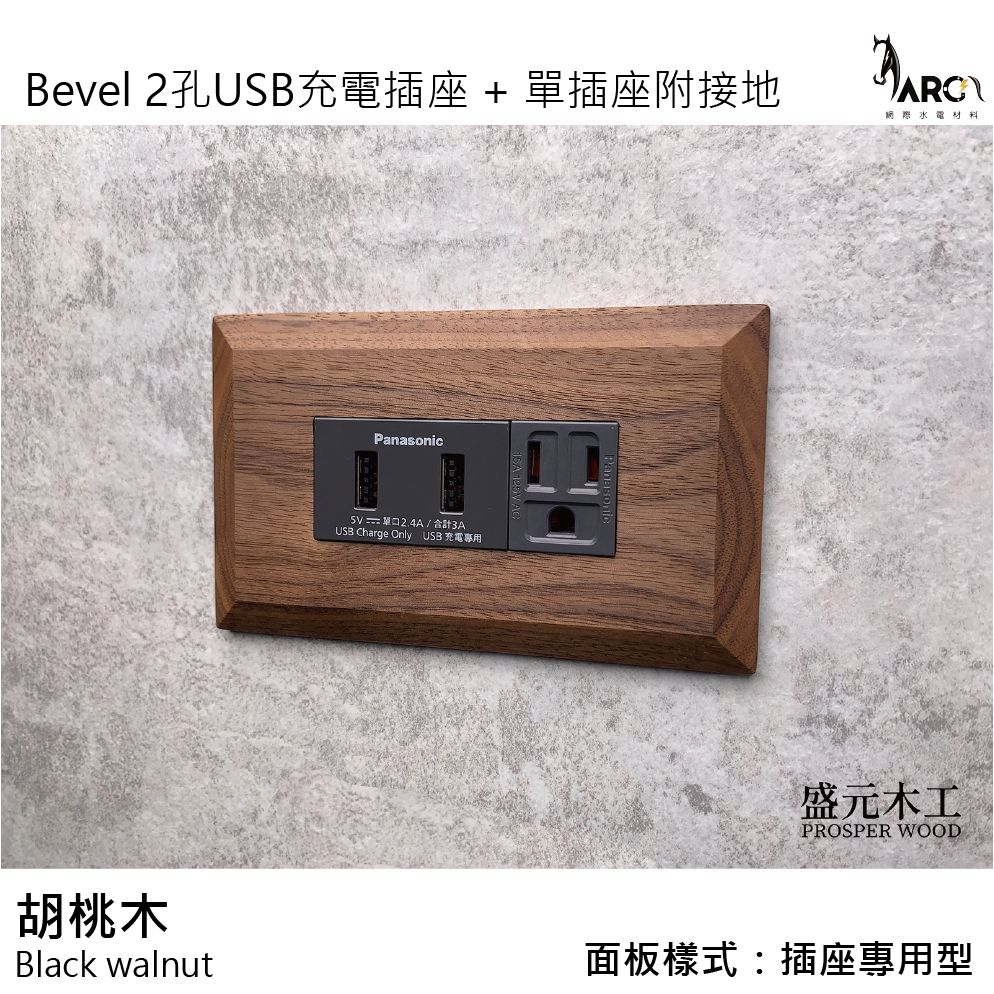 盛元木工 Bevel 實木面板 2孔USB充電插座 單插座附接地 RISNA灰色 GLATIMA 國際牌開關插座