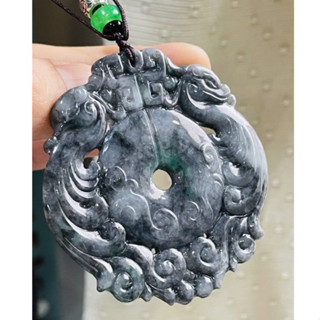 天然A貨緬甸玉 冰烏雞綠仿古雙面雕龍鳳呈祥翡翠龍鳳牌 溫潤起冰黑綴綠 漂亮大器平安扣牌形