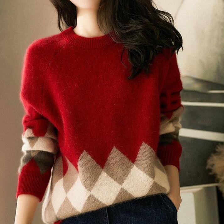 衣時尚 針織衫上衣 毛線衣 新款復古菱格紅色毛衣圓領針織衫寬鬆毛衣非A009-6033.