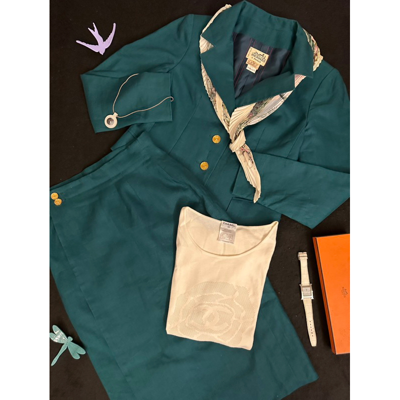 Hermes 愛馬仕 寶石綠 亞麻 外套+及膝裙 ／金黃 亞麻 長版外套+洋裝 套裝組合