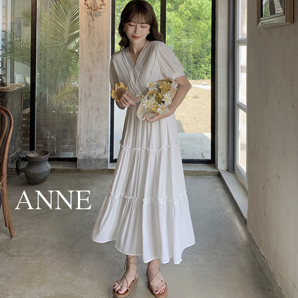 ANNE｜V領短袖雪紡洋裝【AD10252】雪紡洋裝 短袖洋裝 長裙洋裝 雪紡連身裙 雪紡連衣裙 收腰雪紡洋裝